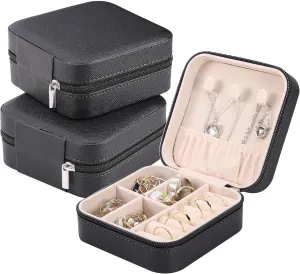 Travel Jewelry Box Small Jewelry Organizer Multi-functional Mini Travel Case Holder for Girls Women Stud Earrings, Rings, Necklaces, Pendant, Bracelets Storage, 3PCS Black