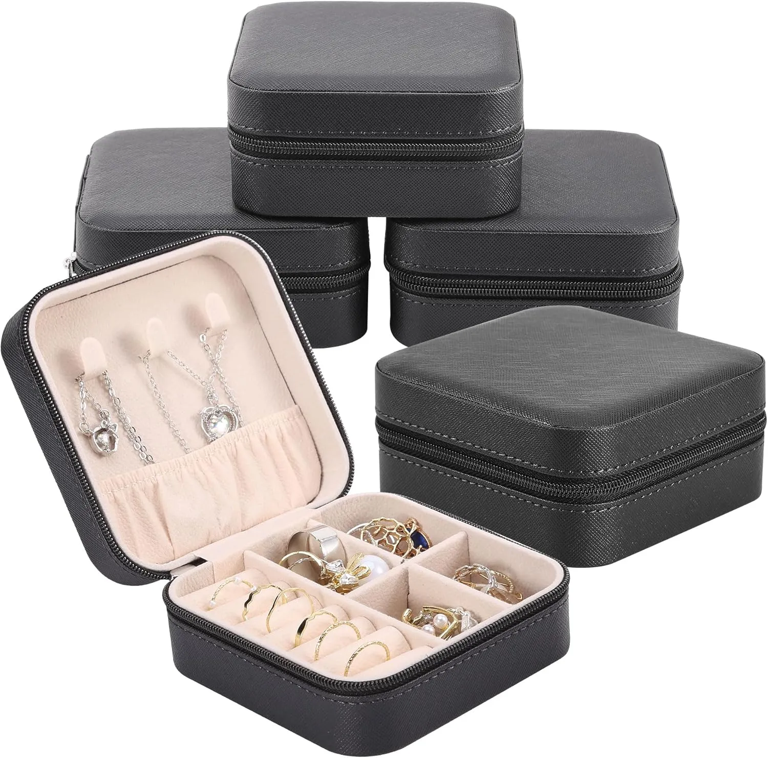 Travel Jewelry Box Small Jewelry Organizer Multi-functional Mini Travel Case Holder for Girls Women Stud Earrings, Rings, Necklaces, Pendant, Bracelets Storage, 5PCS Black