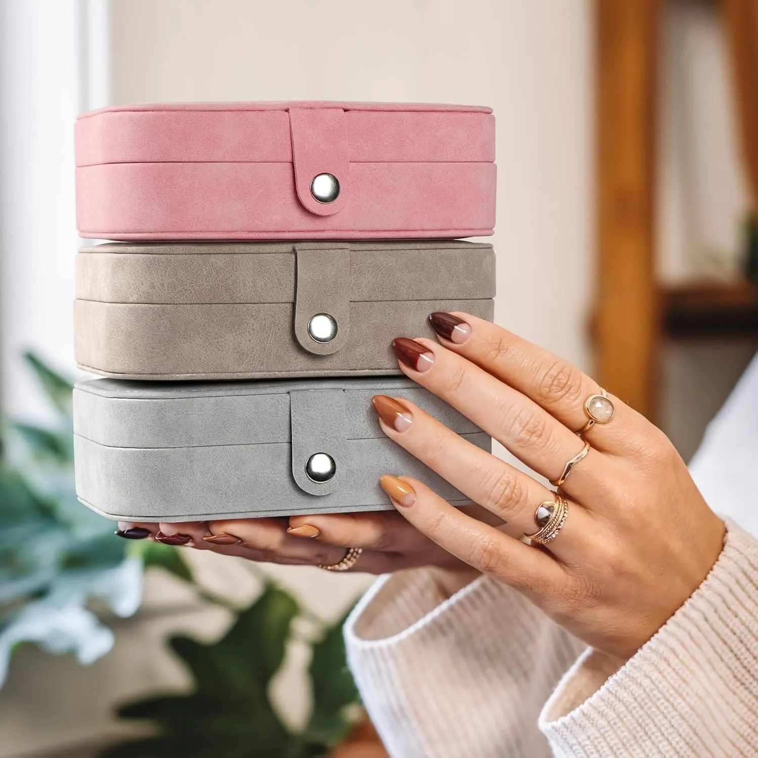 Travel Jewelry Box,Small Jewelry Organizer Boxes for Women Girls, 2 Layer Travel Jewlery Case, PU Leather Mini Portable Jewerly Storage Display Holder for Earrings, Ring,Necklaces, Bracelets - Grey