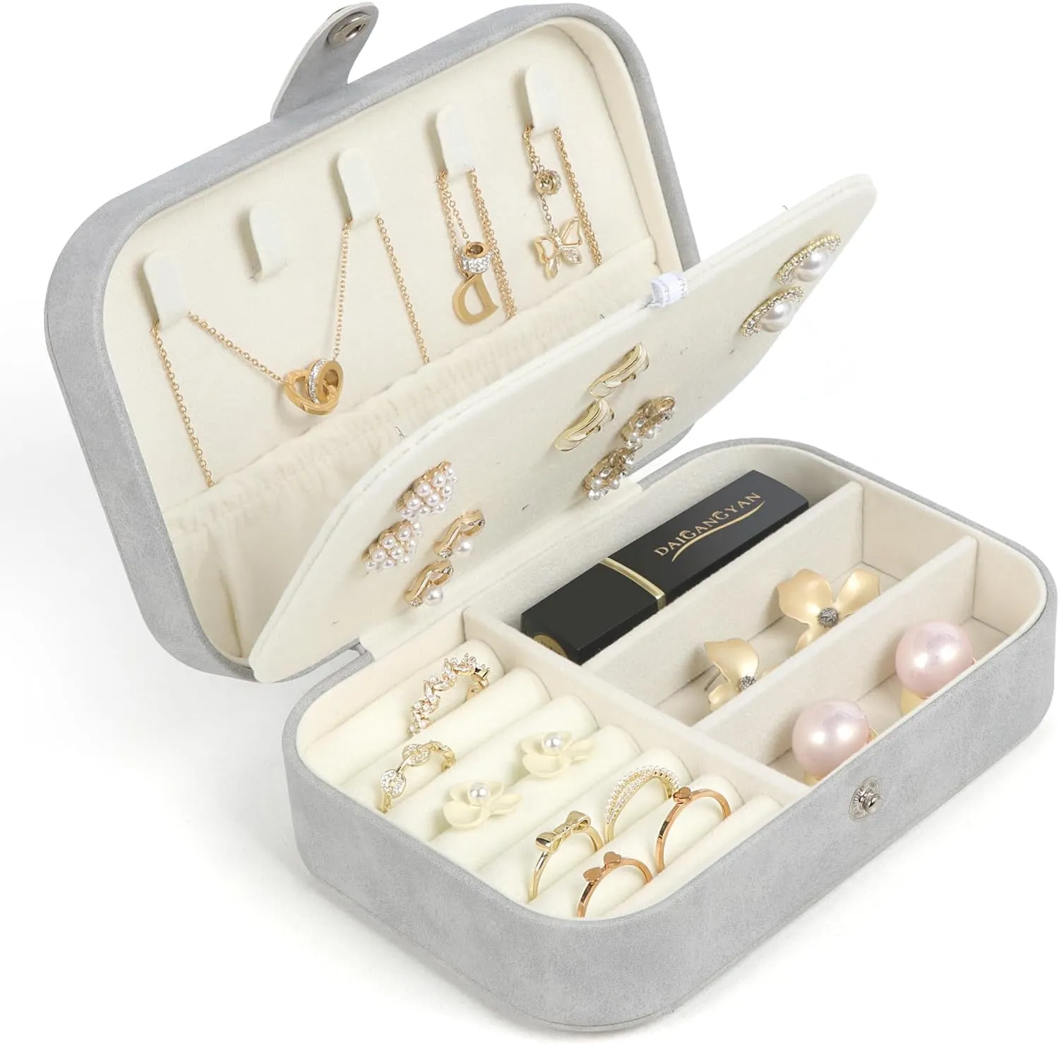 Travel Jewelry Box,Small Jewelry Organizer Boxes for Women Girls, 2 Layer Travel Jewlery Case, PU Leather Mini Portable Jewerly Storage Display Holder for Earrings, Ring,Necklaces, Bracelets - Grey