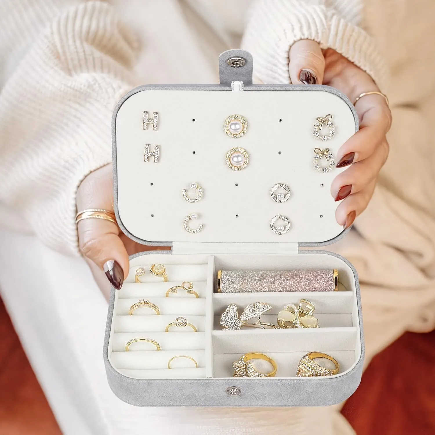 Travel Jewelry Box,Small Jewelry Organizer Boxes for Women Girls, 2 Layer Travel Jewlery Case, PU Leather Mini Portable Jewerly Storage Display Holder for Earrings, Ring,Necklaces, Bracelets - Grey