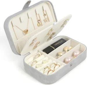 Travel Jewelry Box,Small Jewelry Organizer Boxes for Women Girls, 2 Layer Travel Jewlery Case, PU Leather Mini Portable Jewerly Storage Display Holder for Earrings, Ring,Necklaces, Bracelets - Grey