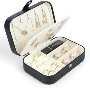 Travel Jewelry Box,Small Jewelry Organizer Boxes for Women Girls, 2 Layer Travel Jewlery Case,PU Leather Mini Portable Jewerly Storage Display Holder for Earrings,Ring,Necklaces,Bracelets -Black