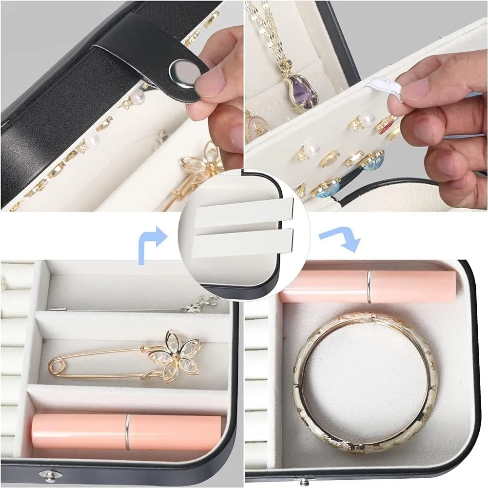 Travel Jewelry Box,Small Jewelry Organizer Boxes for Women Girls, 2 Layer Travel Jewlery Case,PU Leather Mini Portable Jewerly Storage Display Holder for Earrings,Ring,Necklaces,Bracelets -Black