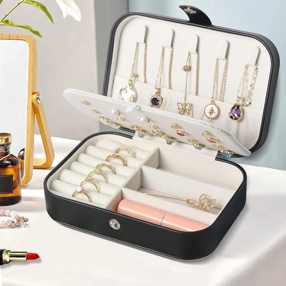 Travel Jewelry Box,Small Jewelry Organizer Boxes for Women Girls, 2 Layer Travel Jewlery Case,PU Leather Mini Portable Jewerly Storage Display Holder for Earrings,Ring,Necklaces,Bracelets -Black