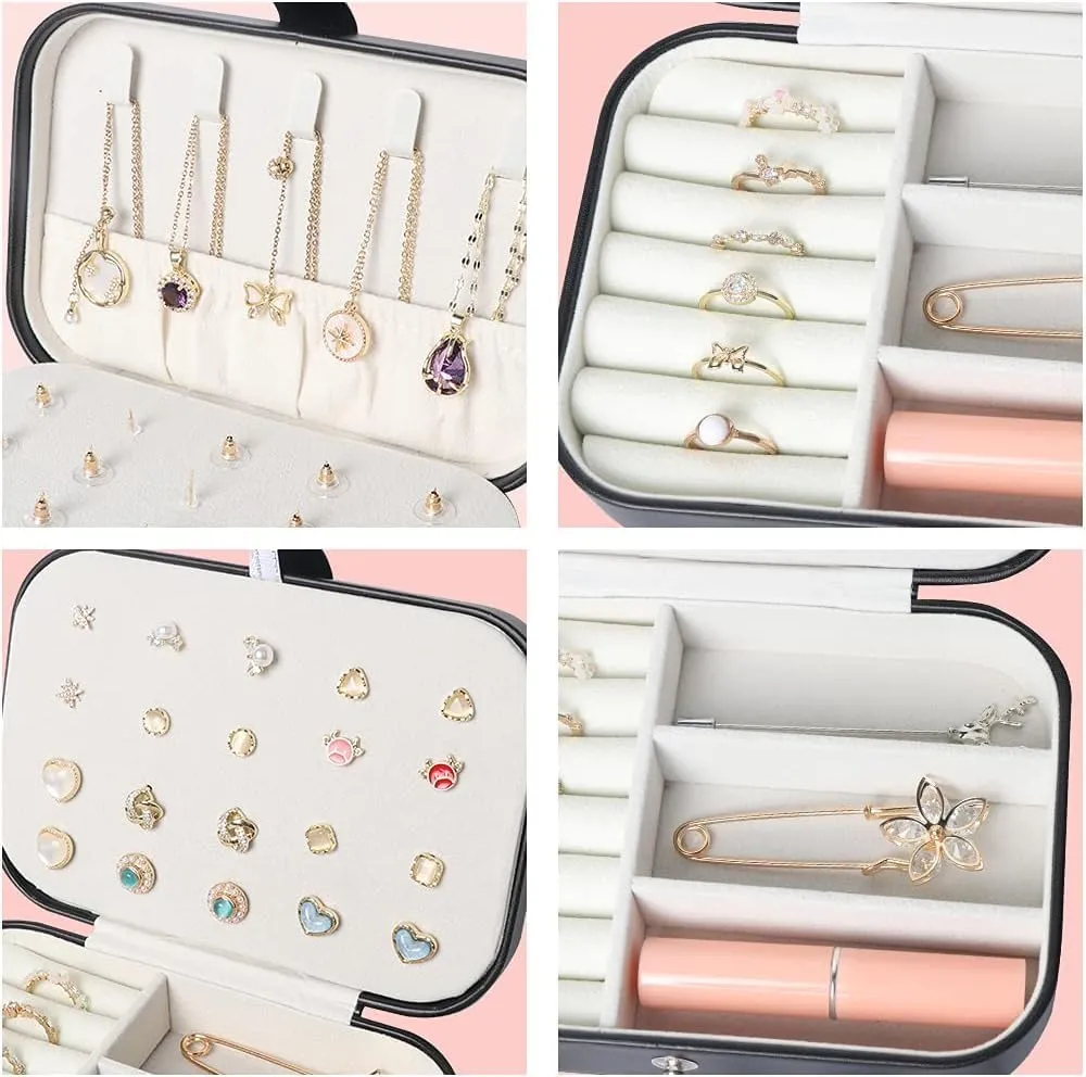 Travel Jewelry Box,Small Jewelry Organizer Boxes for Women Girls, 2 Layer Travel Jewlery Case,PU Leather Mini Portable Jewerly Storage Display Holder for Earrings,Ring,Necklaces,Bracelets -Black