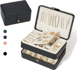 Travel Jewelry Organizer, PU Leather Small Jewelry Organizer for Women Girls, 2 Layers Portable Travel Jewelry Case for Stud Earrings, Rings, Necklaces, Bracelets(Black Small)