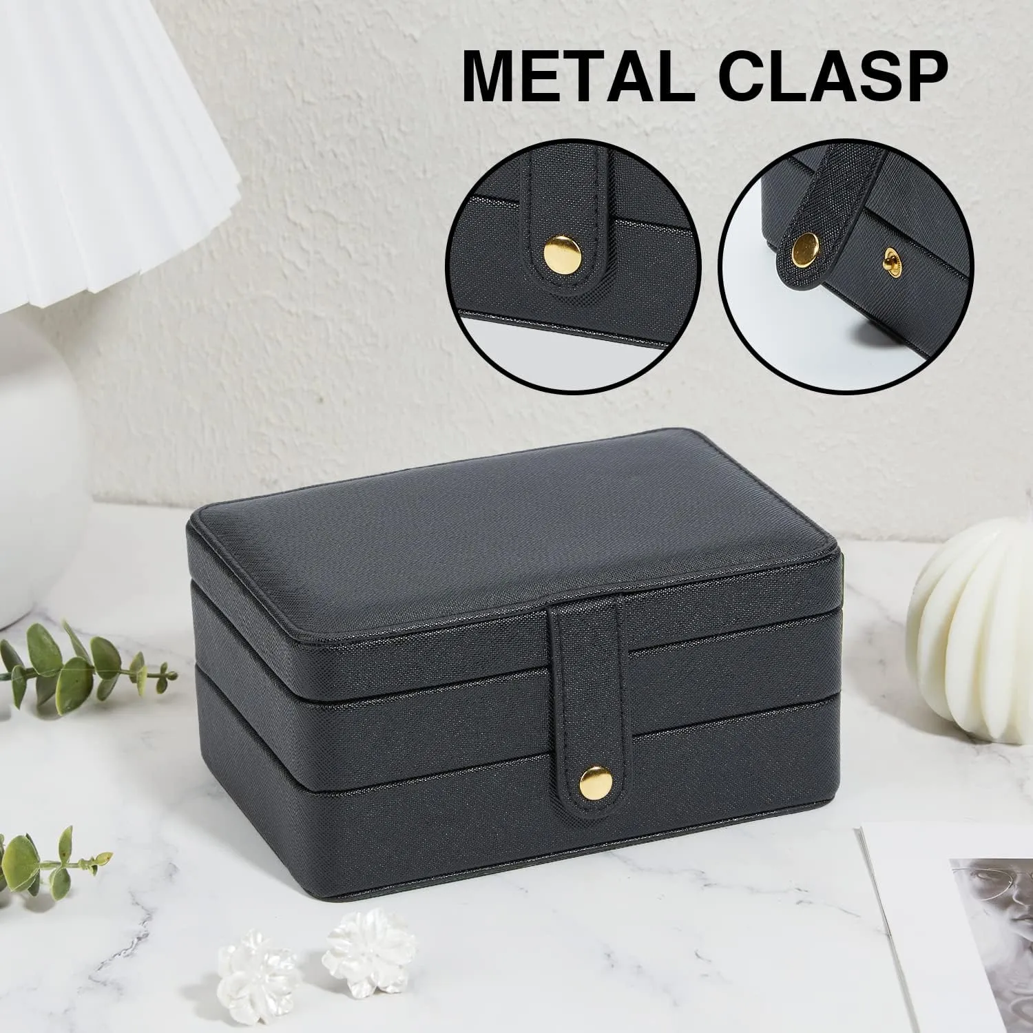 Travel Jewelry Organizer, PU Leather Small Jewelry Organizer for Women Girls, 2 Layers Portable Travel Jewelry Case for Stud Earrings, Rings, Necklaces, Bracelets(Black Small)