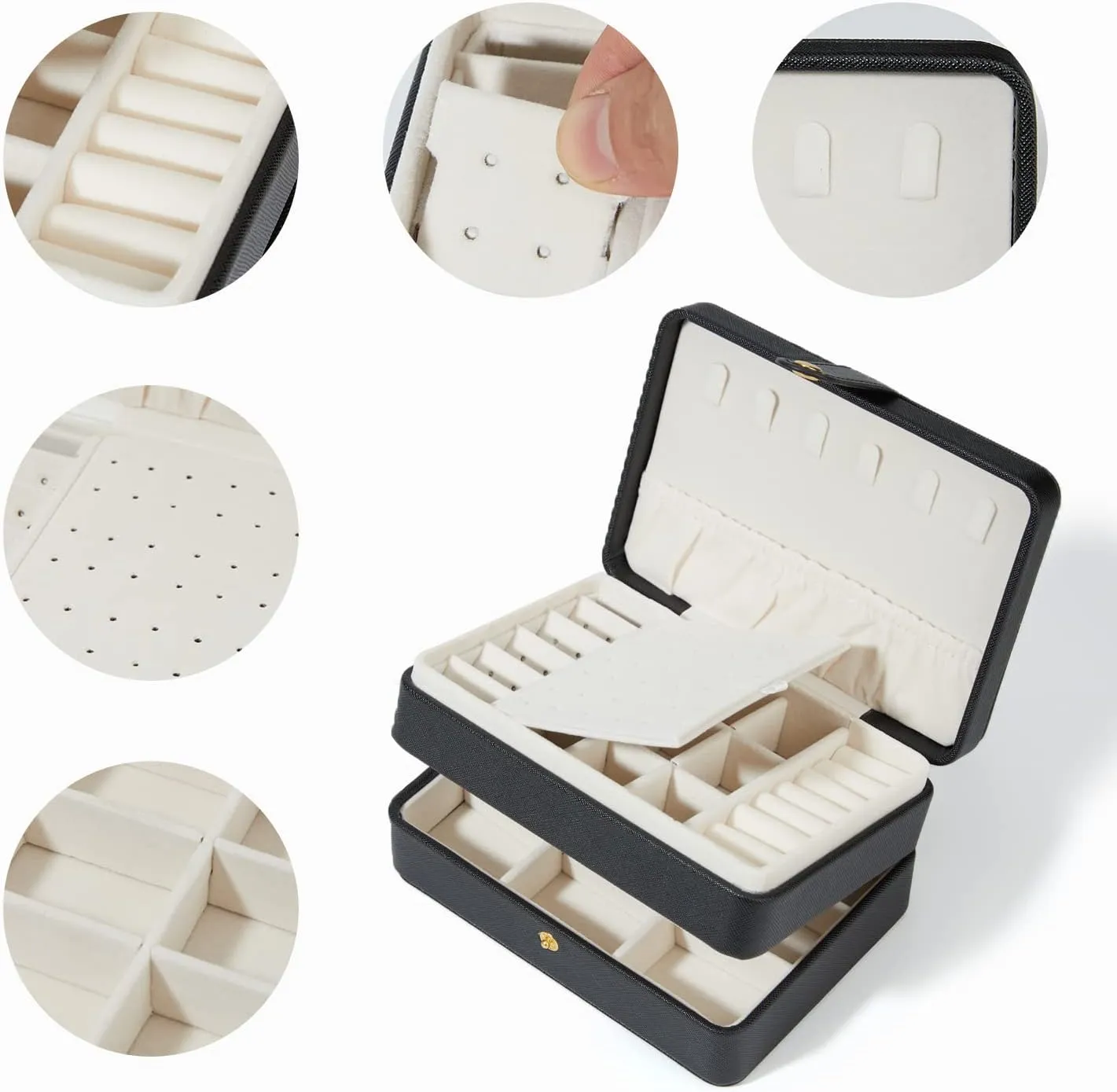 Travel Jewelry Organizer, PU Leather Small Jewelry Organizer for Women Girls, 2 Layers Portable Travel Jewelry Case for Stud Earrings, Rings, Necklaces, Bracelets(Black Small)