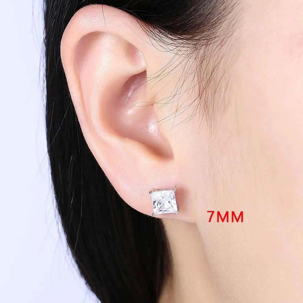 TTVOVO 925 Sterling Silver Stud Earrings Princess Cut Cubic Zirconia Sparkling CZ Diamond Earrings for Women Men Ear Studs Piercing Earrings Nickle-Free Hypoallergenic Jewelry Gifts 4MM-8MM Available