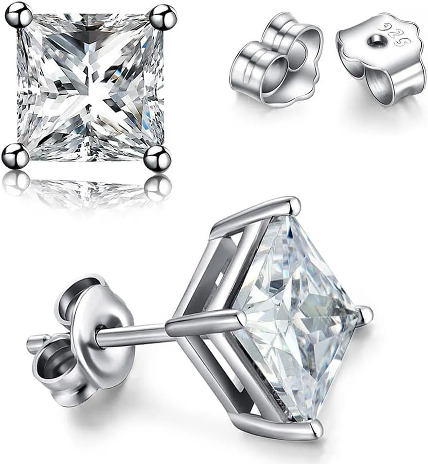 TTVOVO 925 Sterling Silver Stud Earrings Princess Cut Cubic Zirconia Sparkling CZ Diamond Earrings for Women Men Ear Studs Piercing Earrings Nickle-Free Hypoallergenic Jewelry Gifts 4MM-8MM Available
