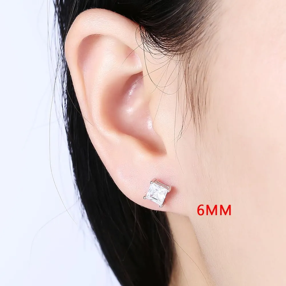 TTVOVO 925 Sterling Silver Stud Earrings Princess Cut Cubic Zirconia Sparkling CZ Diamond Earrings for Women Men Ear Studs Piercing Earrings Nickle-Free Hypoallergenic Jewelry Gifts 4MM-8MM Available