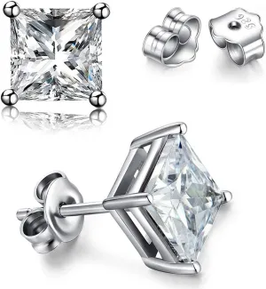 TTVOVO 925 Sterling Silver Stud Earrings Princess Cut Cubic Zirconia Sparkling CZ Diamond Earrings for Women Men Ear Studs Piercing Earrings Nickle-Free Hypoallergenic Jewelry Gifts 4MM-8MM Available