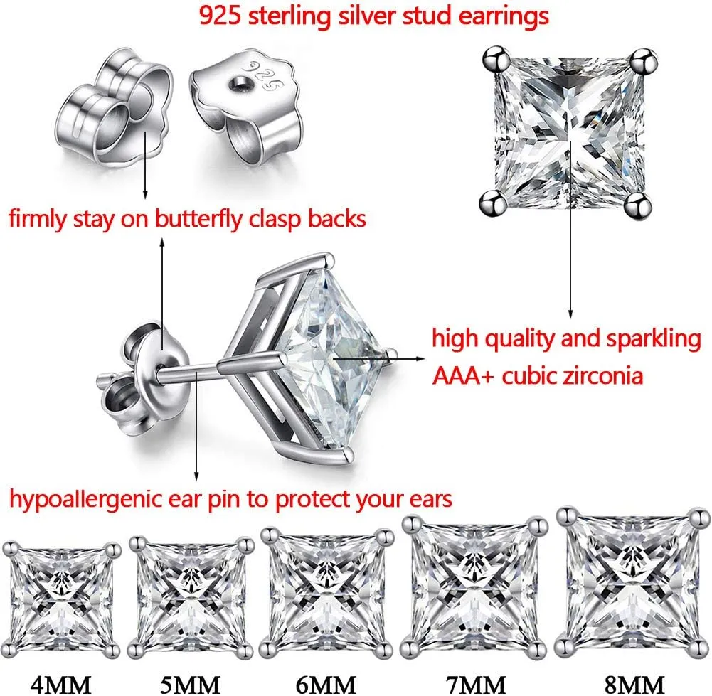 TTVOVO 925 Sterling Silver Stud Earrings Princess Cut Cubic Zirconia Sparkling CZ Diamond Earrings for Women Men Ear Studs Piercing Earrings Nickle-Free Hypoallergenic Jewelry Gifts 4MM-8MM Available
