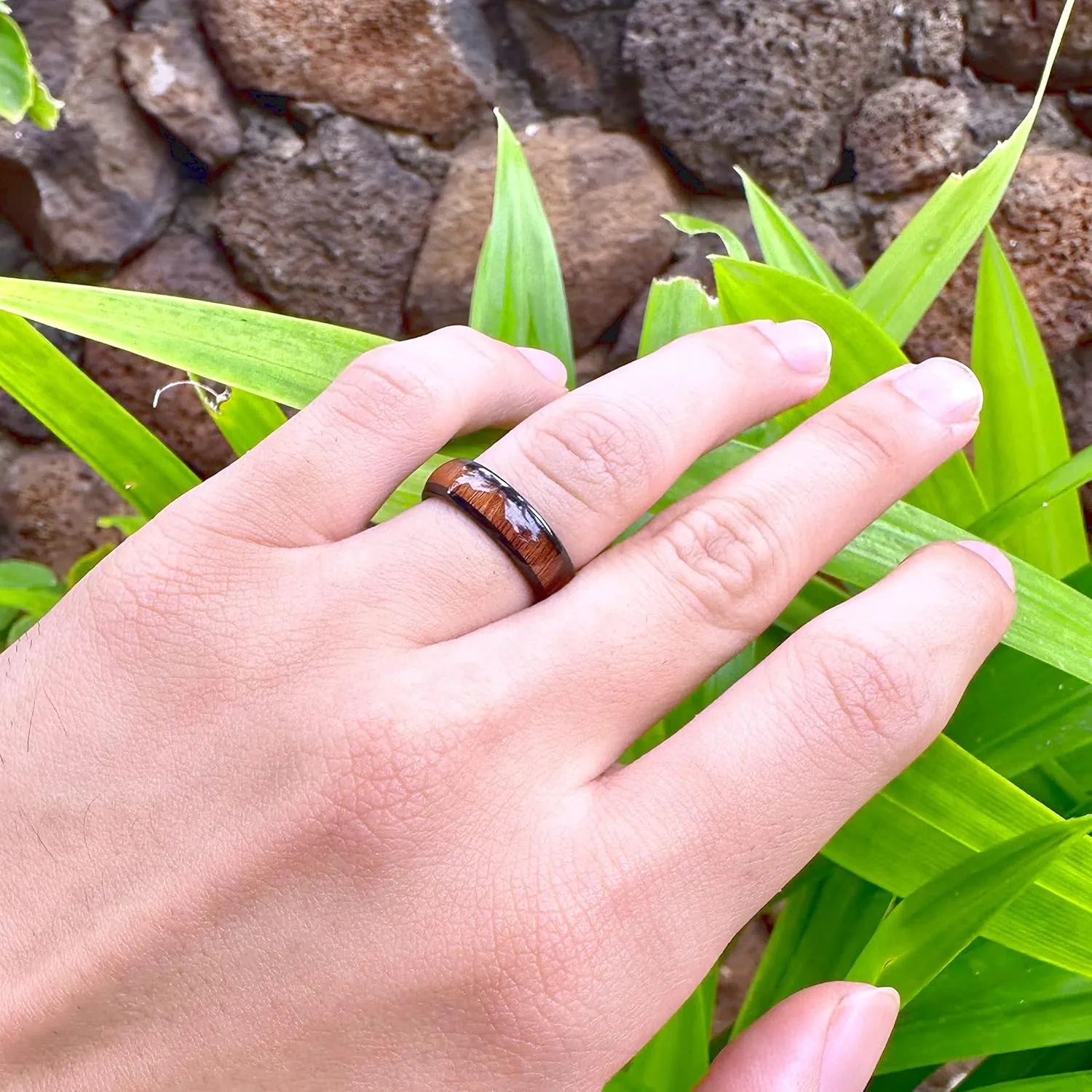 Tungsten Carbide Genuine Natural Hawaiian Koa Wood Tree Inlay Comfort Fit Ring 8mm 6mm 4mm Wedding Band Dome Style Scratch Resistant Weighted Hypoallergenic High Polished Finish with Gift Box Included