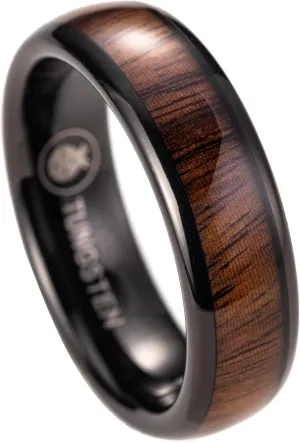 Tungsten Carbide Genuine Natural Hawaiian Koa Wood Tree Inlay Comfort Fit Ring 8mm 6mm 4mm Wedding Band Dome Style Scratch Resistant Weighted Hypoallergenic High Polished Finish with Gift Box Included