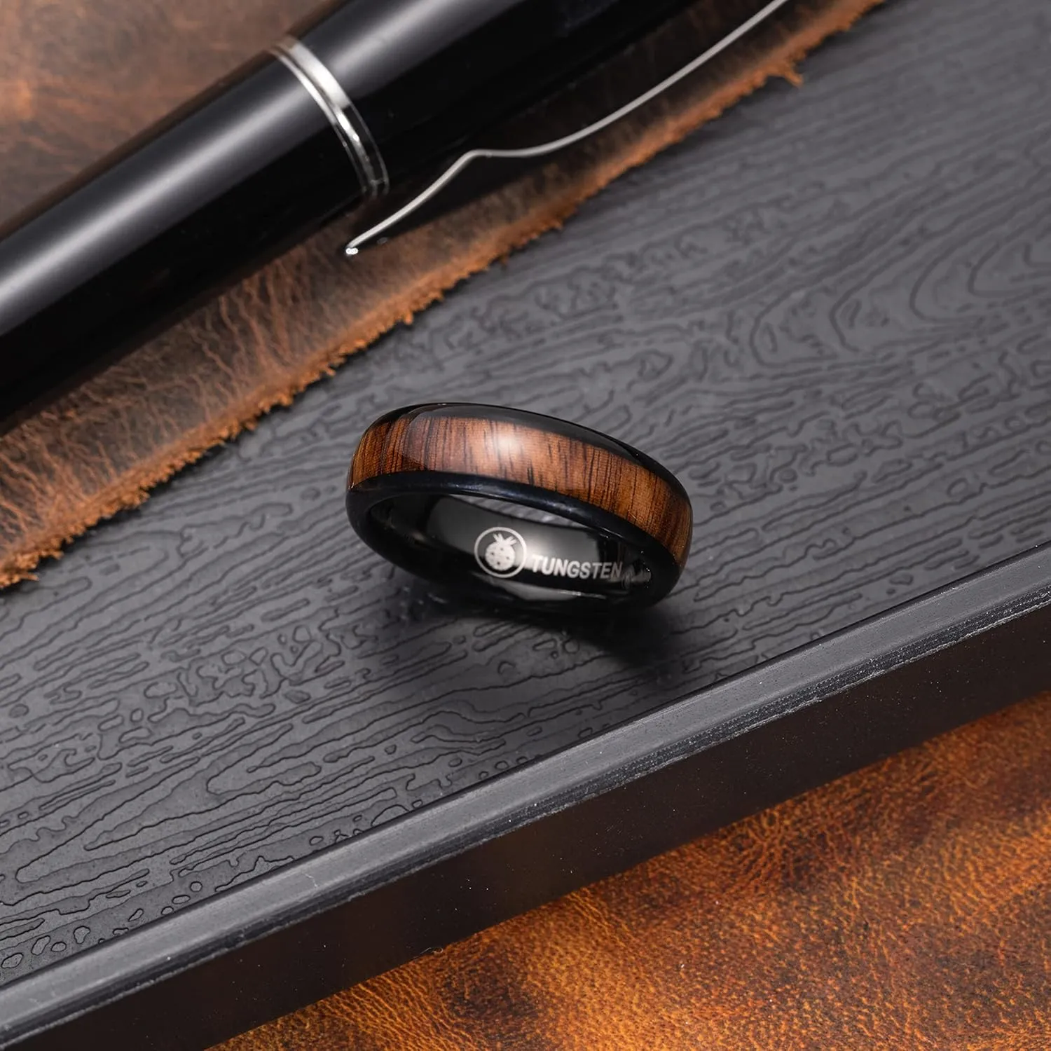 Tungsten Carbide Genuine Natural Hawaiian Koa Wood Tree Inlay Comfort Fit Ring 8mm 6mm 4mm Wedding Band Dome Style Scratch Resistant Weighted Hypoallergenic High Polished Finish with Gift Box Included