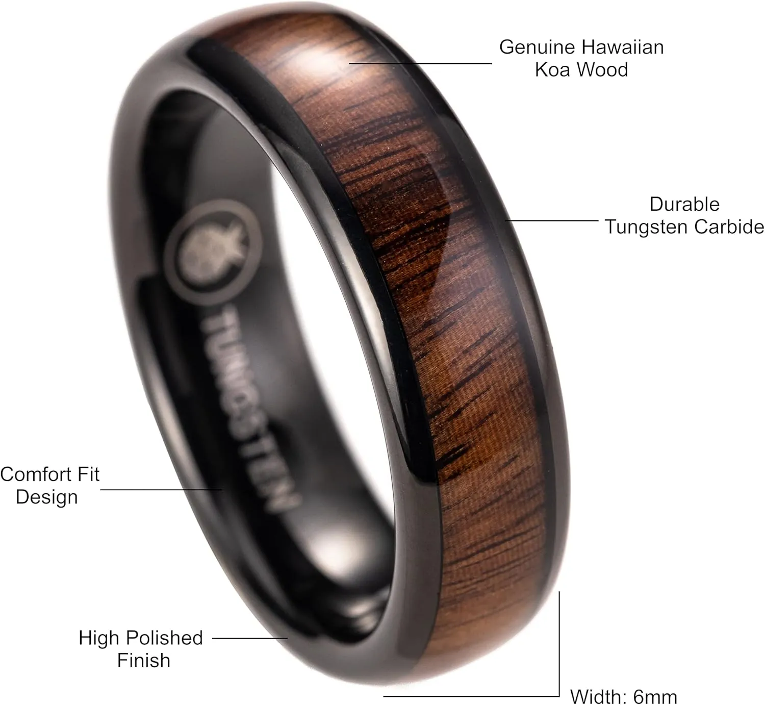 Tungsten Carbide Genuine Natural Hawaiian Koa Wood Tree Inlay Comfort Fit Ring 8mm 6mm 4mm Wedding Band Dome Style Scratch Resistant Weighted Hypoallergenic High Polished Finish with Gift Box Included
