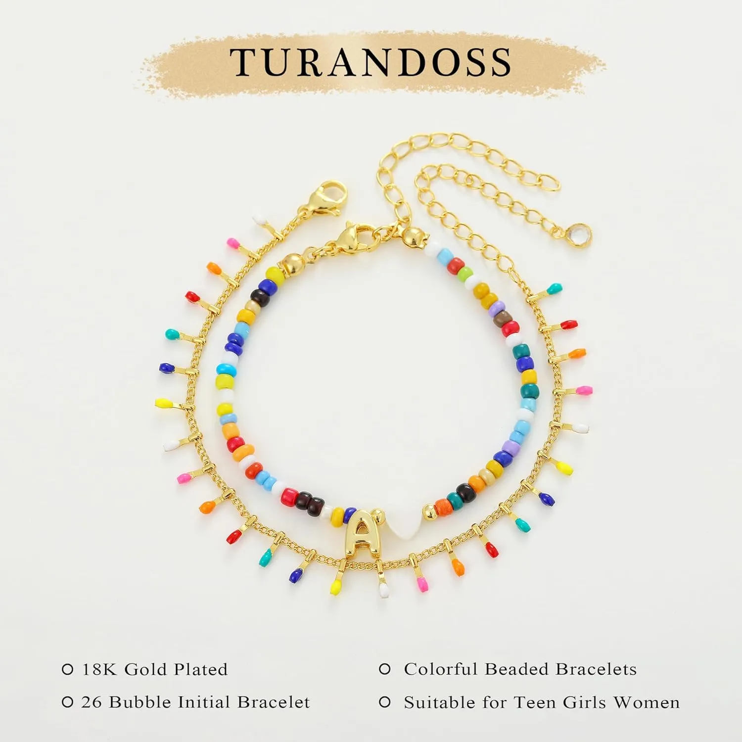 Turandoss Colorful Beaded Letter Bracelets for Girls Gifts - Gold Initial A-Z Bracelets for Teen Girl Women, Gold Charm Bracelet Jewelry for Teen Girls Women