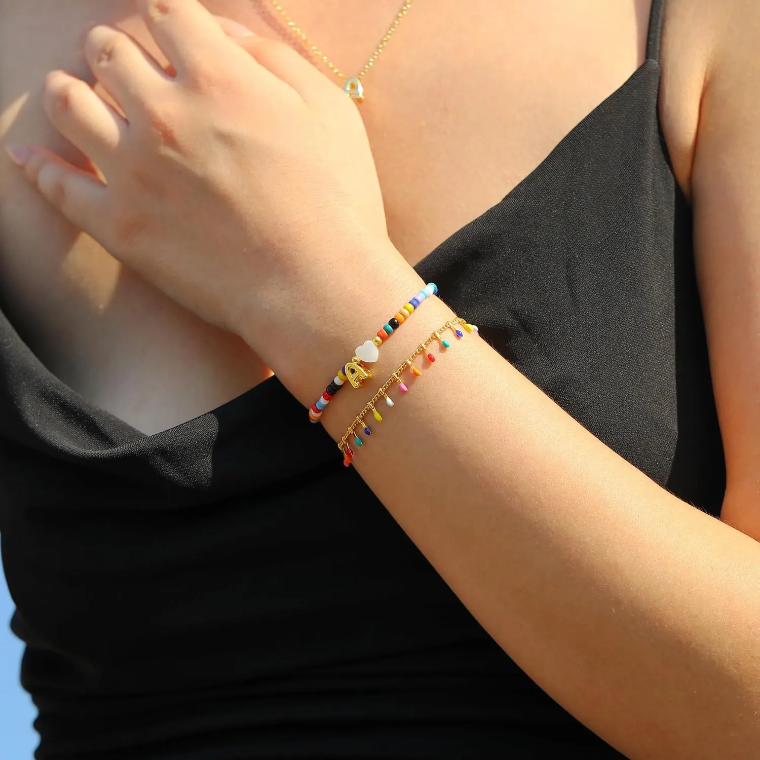 Turandoss Colorful Beaded Letter Bracelets for Girls Gifts - Gold Initial A-Z Bracelets for Teen Girl Women, Gold Charm Bracelet Jewelry for Teen Girls Women