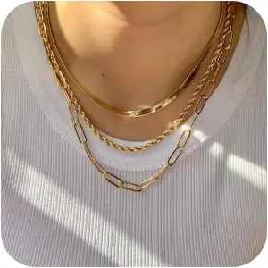 Turandoss Gold Chain Necklace for Women Trendy - Dainty 14K Real Gold Plated Cuban Necklace Snake Necklace Disc Chain Necklace Gold Multi Layered Paperclip Chain Necklace Gold Jewelry Gifts for Women