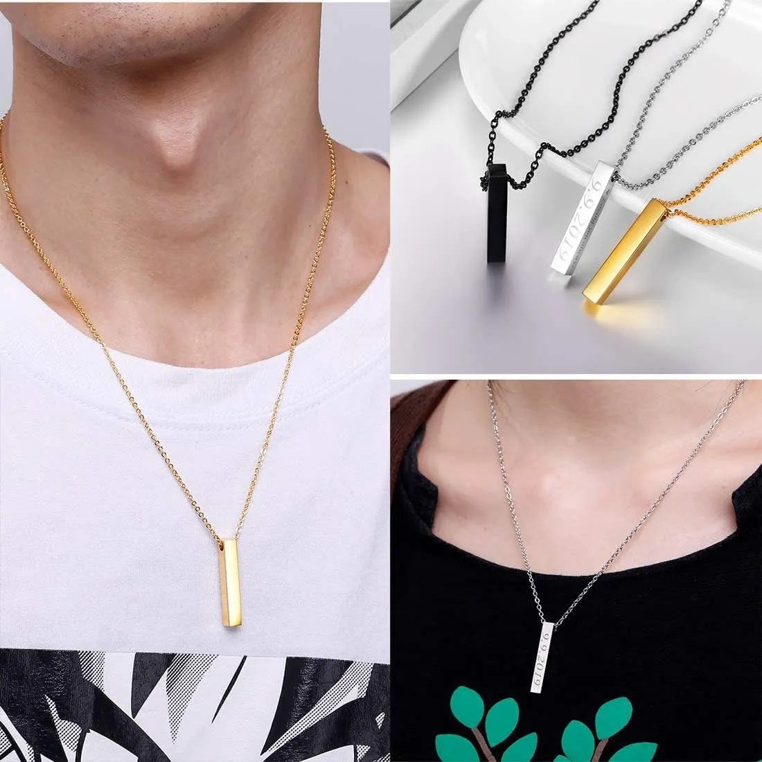 U7 Engravable Bar Necklace, Womens Choker Necklace Stainless Steel Custom Engrave Text Horizontal/Vertical Bar Pendant Necklaces for Men Women