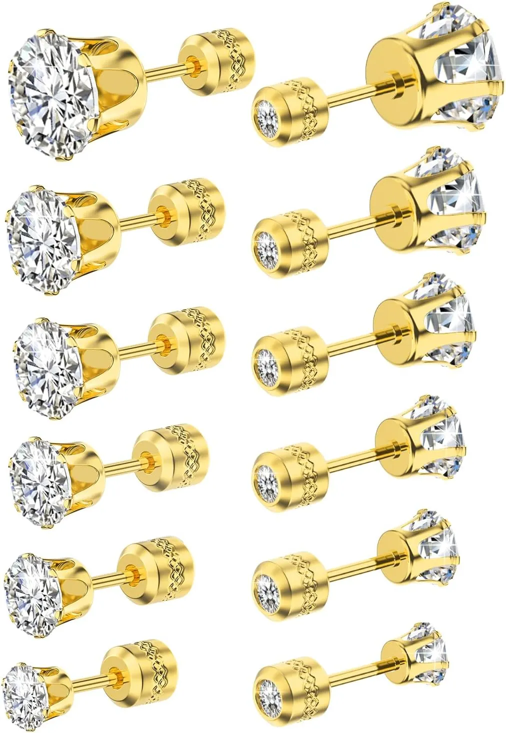 UHIBROS 6 Pairs Stainless Steel Stud Earrings Set Hypoallergenic Cubic Zirconia 14K White Gold 316L CZ Earrings