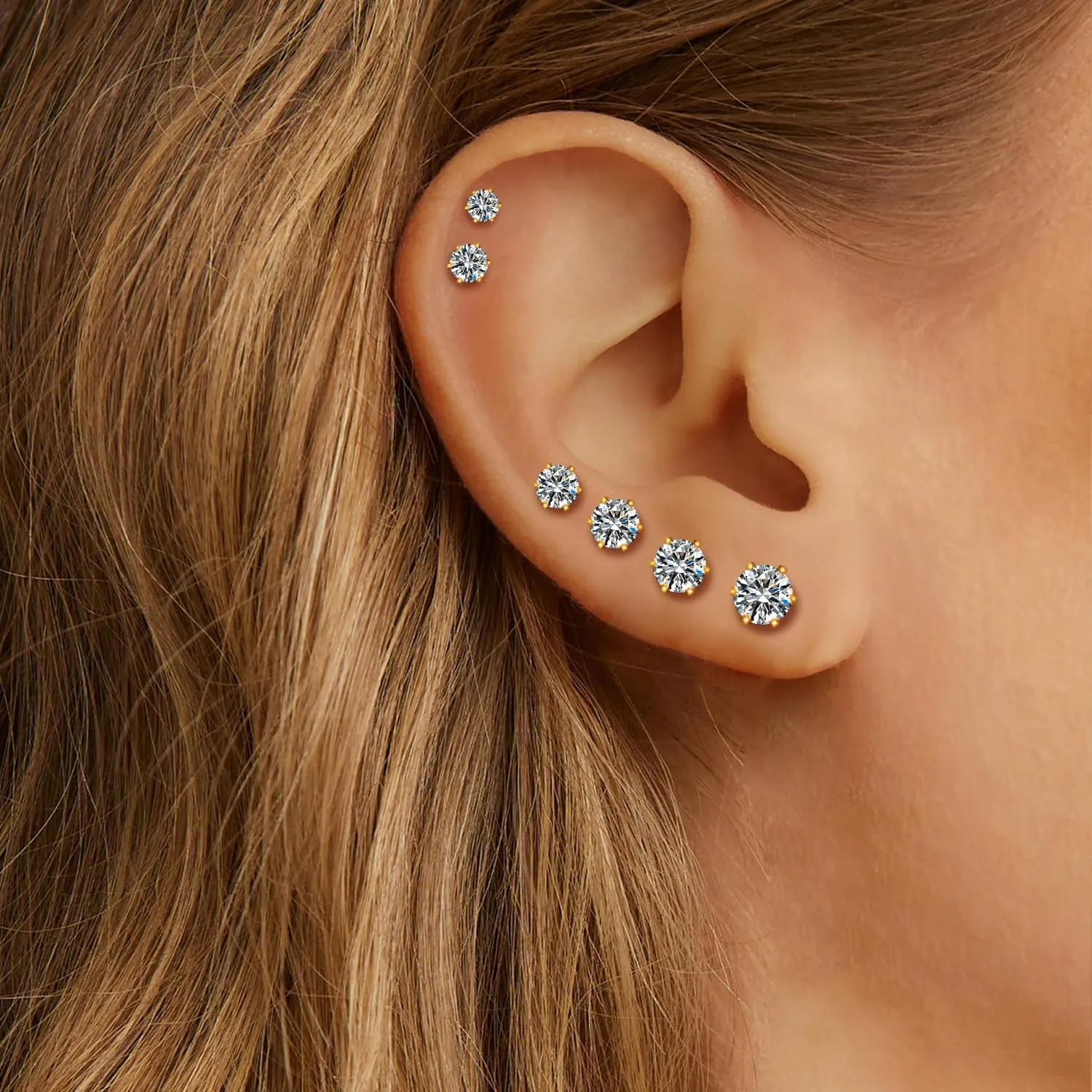 UHIBROS 6 Pairs Stainless Steel Stud Earrings Set Hypoallergenic Cubic Zirconia 14K White Gold 316L CZ Earrings