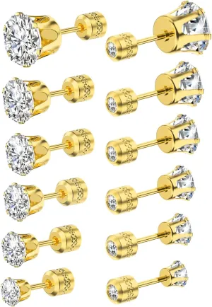 UHIBROS 6 Pairs Stainless Steel Stud Earrings Set Hypoallergenic Cubic Zirconia 14K White Gold 316L CZ Earrings