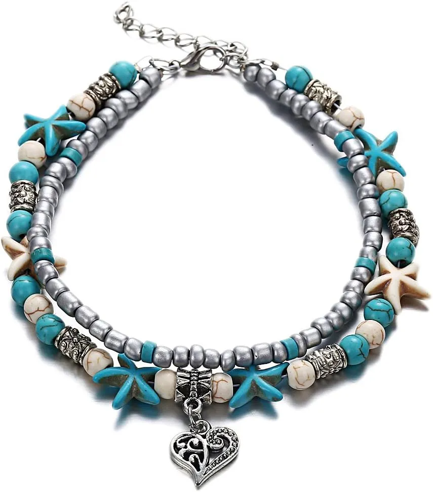 Uloveido 3 pcs Set Simulated Turquoise Blue Starfish Multilayer Yoga Beach Anklets Bracelet Boho Foot Jewelry for Women Teen Girls Y811