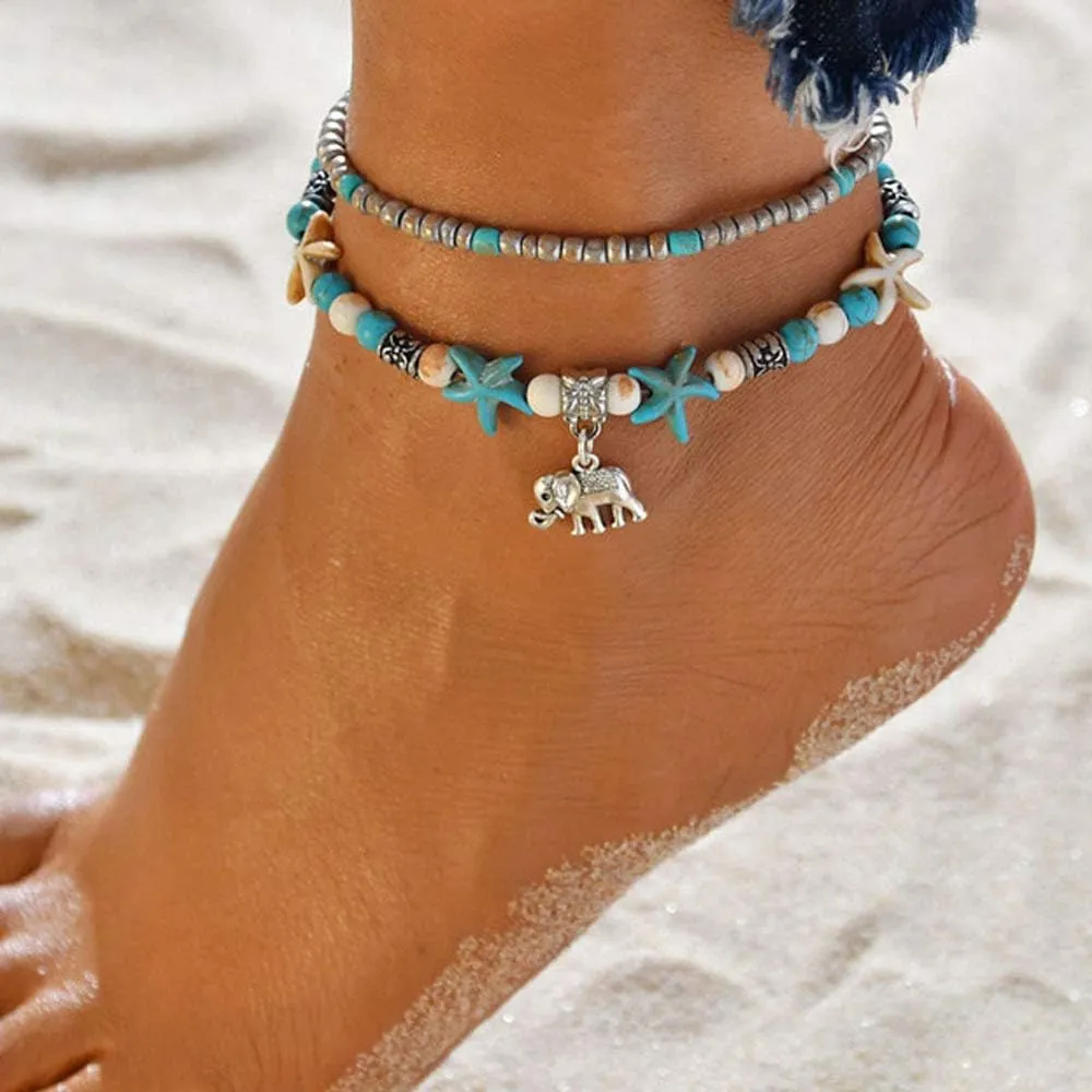 Uloveido 3 pcs Set Simulated Turquoise Blue Starfish Multilayer Yoga Beach Anklets Bracelet Boho Foot Jewelry for Women Teen Girls Y811