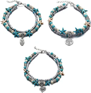 Uloveido 3 pcs Set Simulated Turquoise Blue Starfish Multilayer Yoga Beach Anklets Bracelet Boho Foot Jewelry for Women Teen Girls Y811