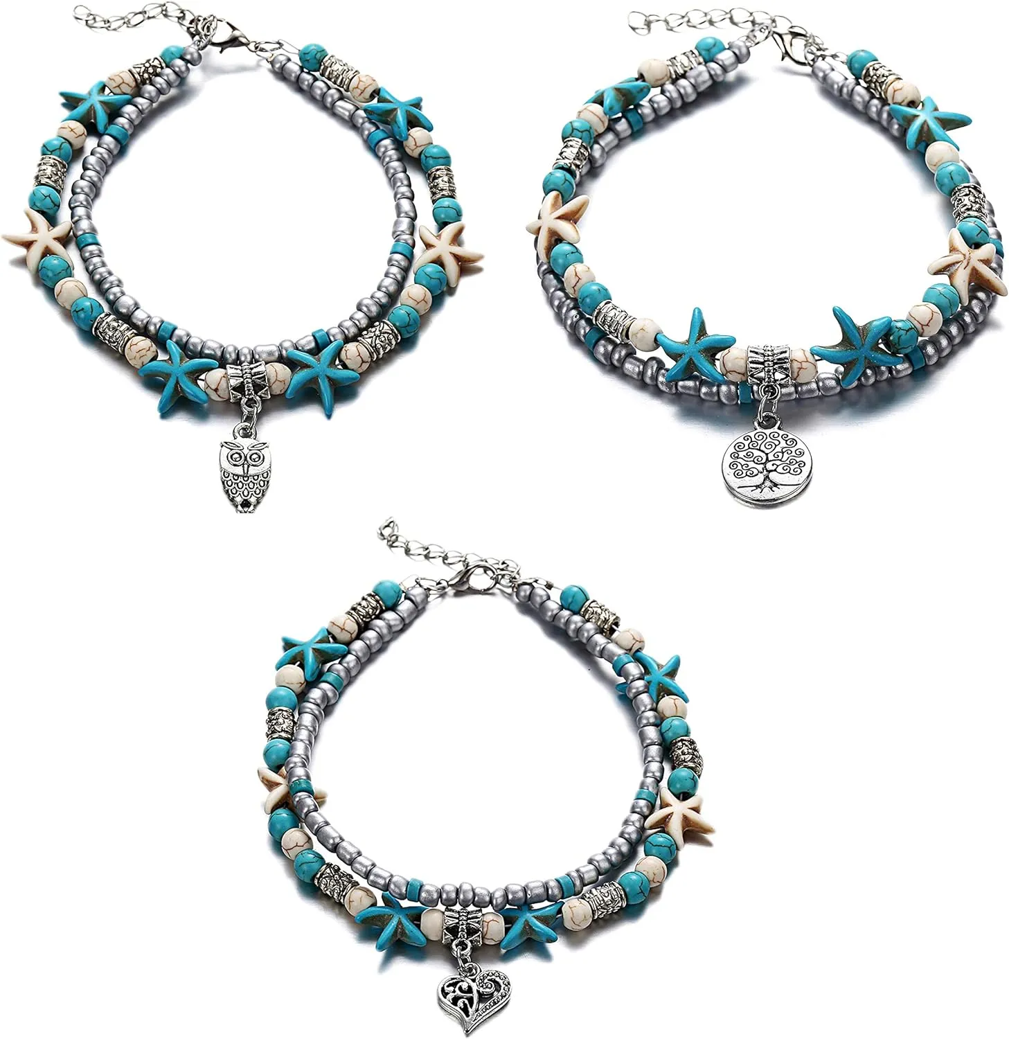Uloveido 3 pcs Set Simulated Turquoise Blue Starfish Multilayer Yoga Beach Anklets Bracelet Boho Foot Jewelry for Women Teen Girls Y811