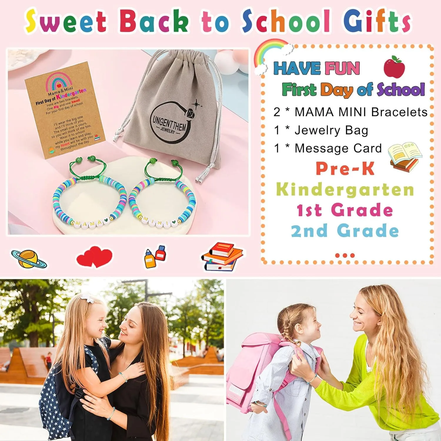 UNGENT THEM First Day of School Gift for Mom Daughter, Mama and Mini Back to School Bracelets