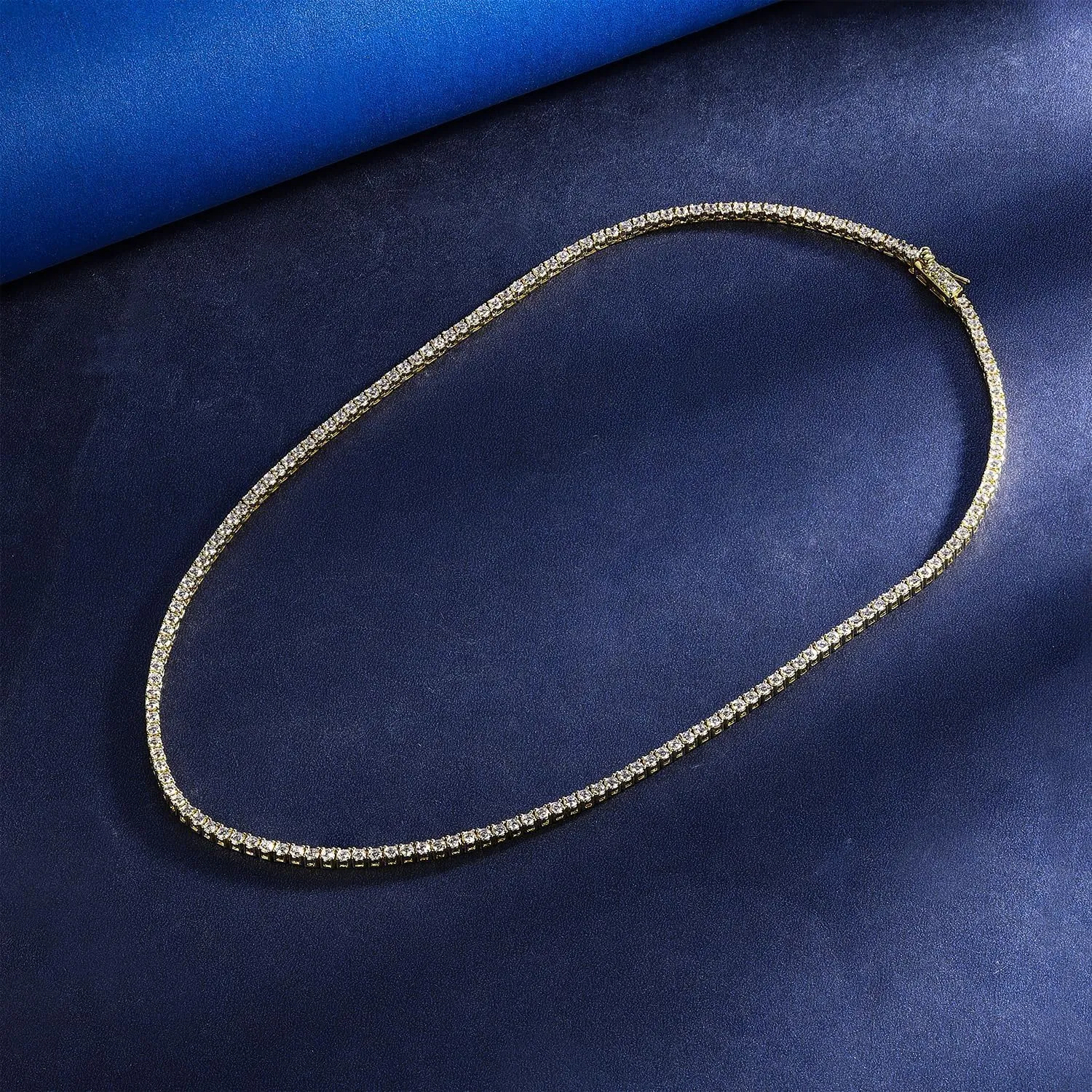 Unisex Anti-Tarnish Micro Skinny 2mm Real 14K Gold Plated Solid 925 Sterling Silver One Row Tennis Chain AAA CZ Choker Necklace 14-20" Bracelet 6.5-7.5''