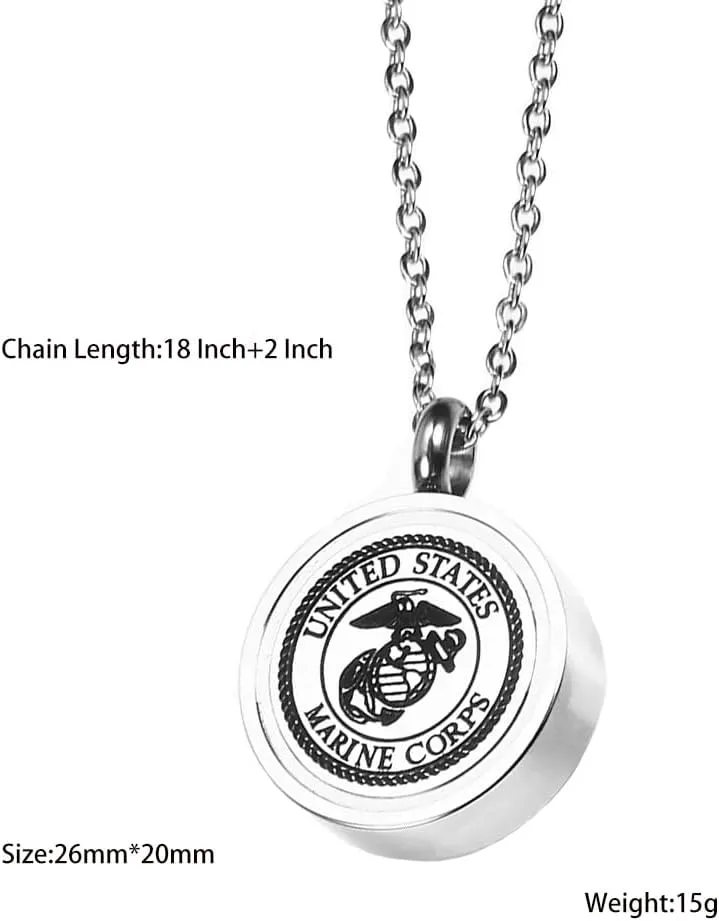 Urn Necklace for Ashes Cremation Round Military Pendant Neckalce Navy MC Air Force Memorial Keepsake Jewelry with Filling Kit