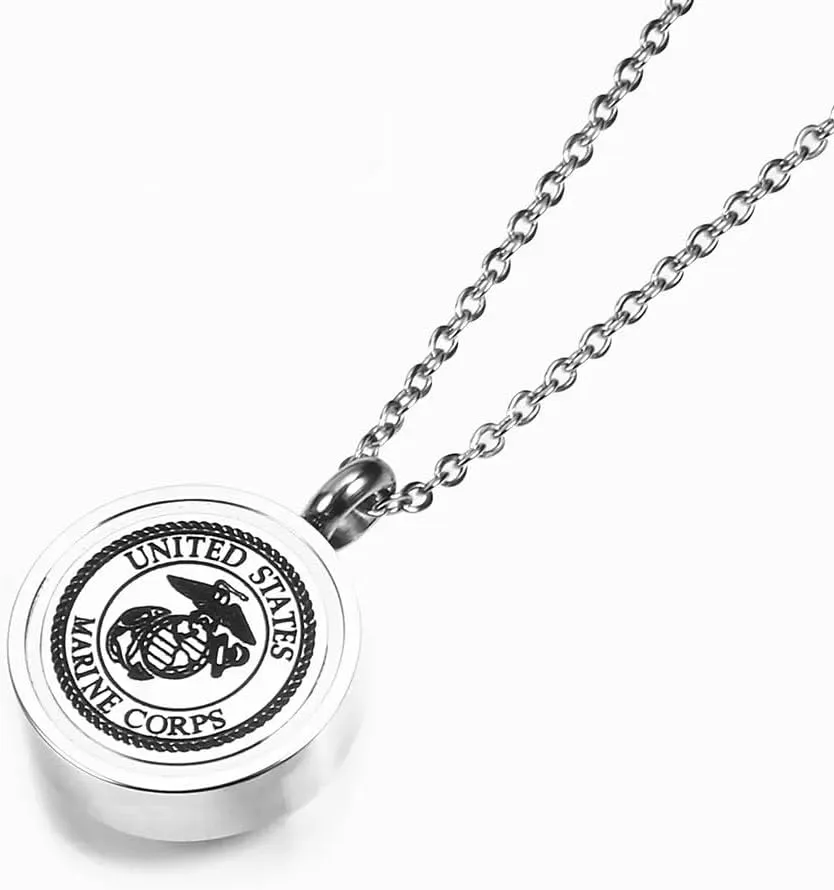 Urn Necklace for Ashes Cremation Round Military Pendant Neckalce Navy MC Air Force Memorial Keepsake Jewelry with Filling Kit