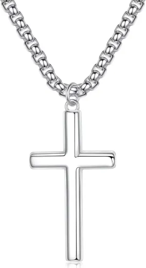 Ursteel 925 Sterling Silver Cross Necklace for Men Women - 18K White Gold Plated Stainless Steel Diamond Cut Silver Chain Mens Cross Pendant Necklace Jewelry 16-24 Inches