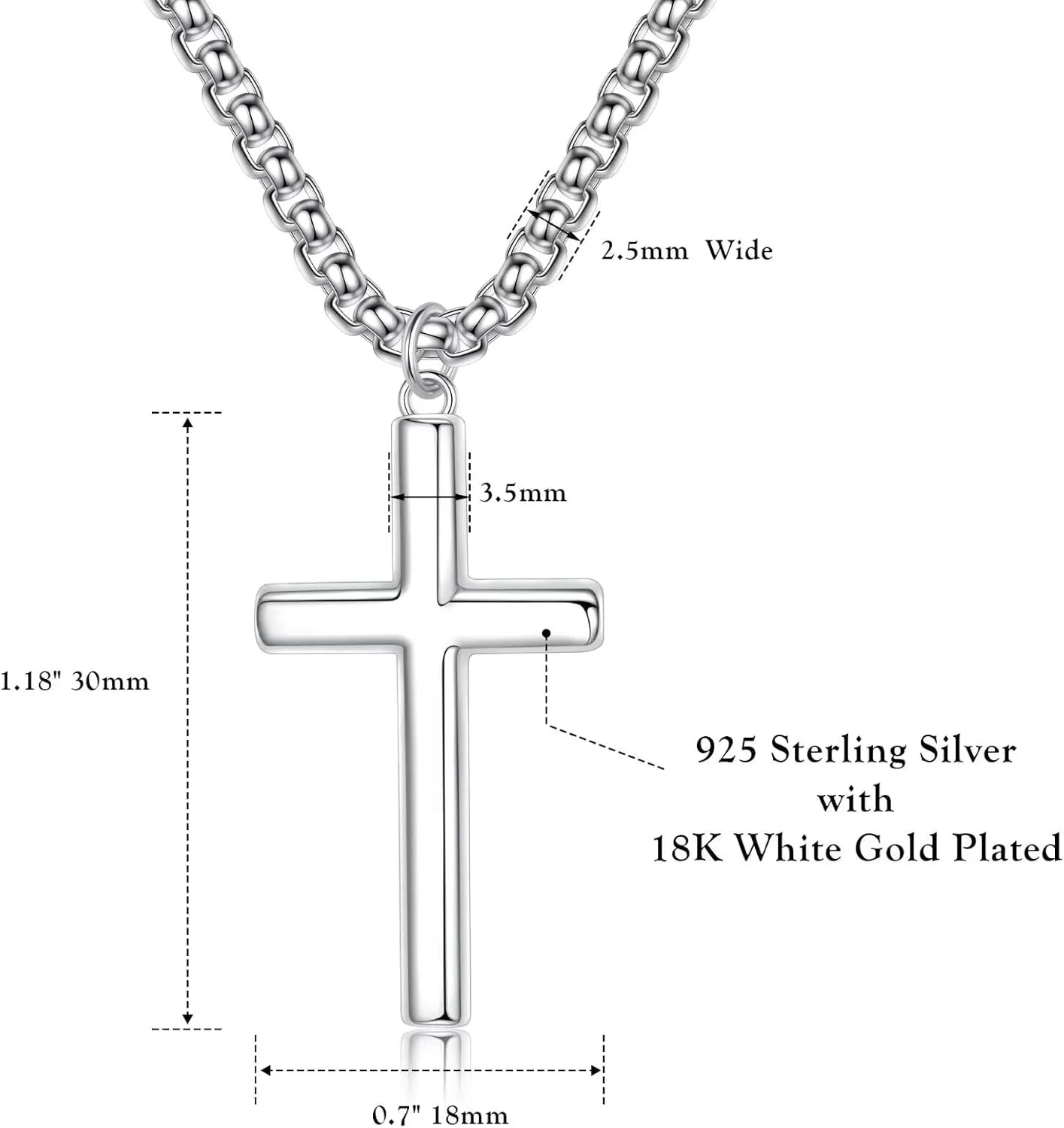 Ursteel 925 Sterling Silver Cross Necklace for Men Women - 18K White Gold Plated Stainless Steel Diamond Cut Silver Chain Mens Cross Pendant Necklace Jewelry 16-24 Inches