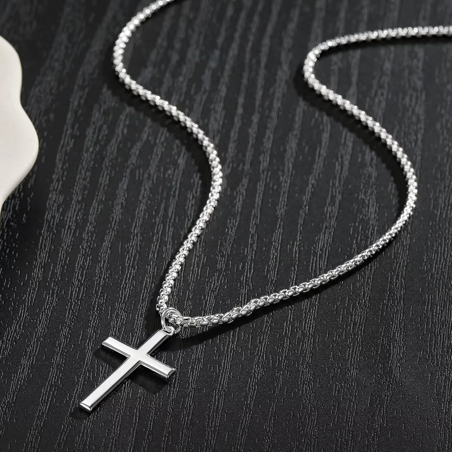 Ursteel 925 Sterling Silver Cross Necklace for Men Women - 18K White Gold Plated Stainless Steel Diamond Cut Silver Chain Mens Cross Pendant Necklace Jewelry 16-24 Inches