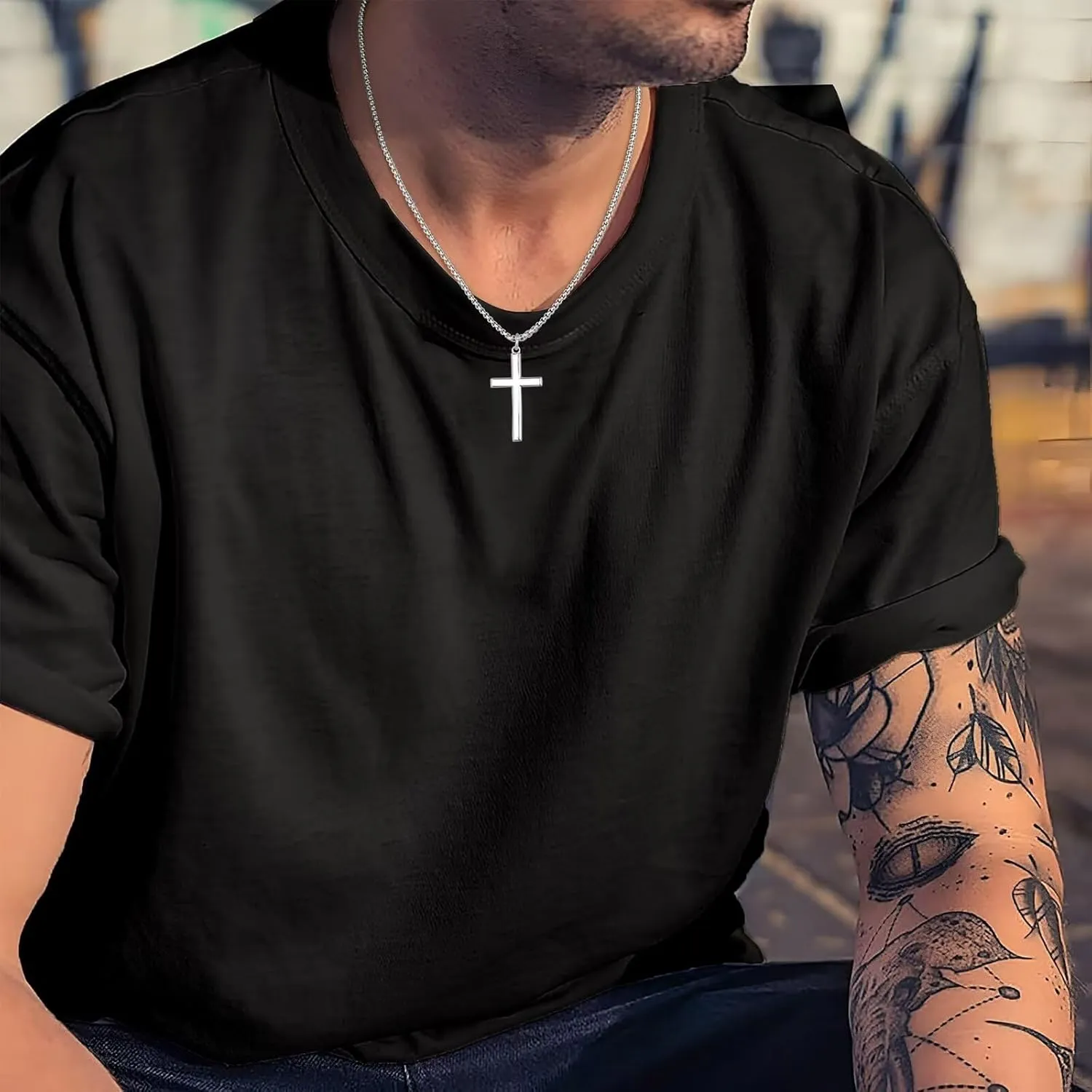 Ursteel 925 Sterling Silver Cross Necklace for Men Women - 18K White Gold Plated Stainless Steel Diamond Cut Silver Chain Mens Cross Pendant Necklace Jewelry 16-24 Inches