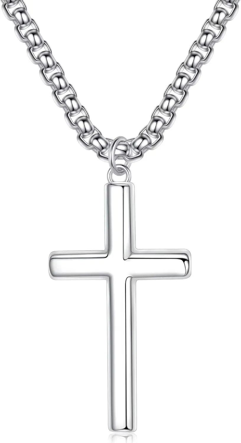 Ursteel 925 Sterling Silver Cross Necklace for Men Women - 18K White Gold Plated Stainless Steel Diamond Cut Silver Chain Mens Cross Pendant Necklace Jewelry 16-24 Inches