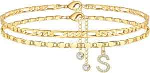 Ursteel Ankle Bracelets for Women, 14K Gold Plated Dainty Layered Chain CZ Initial Anklets Set Summer Jewelry Gifts for Women