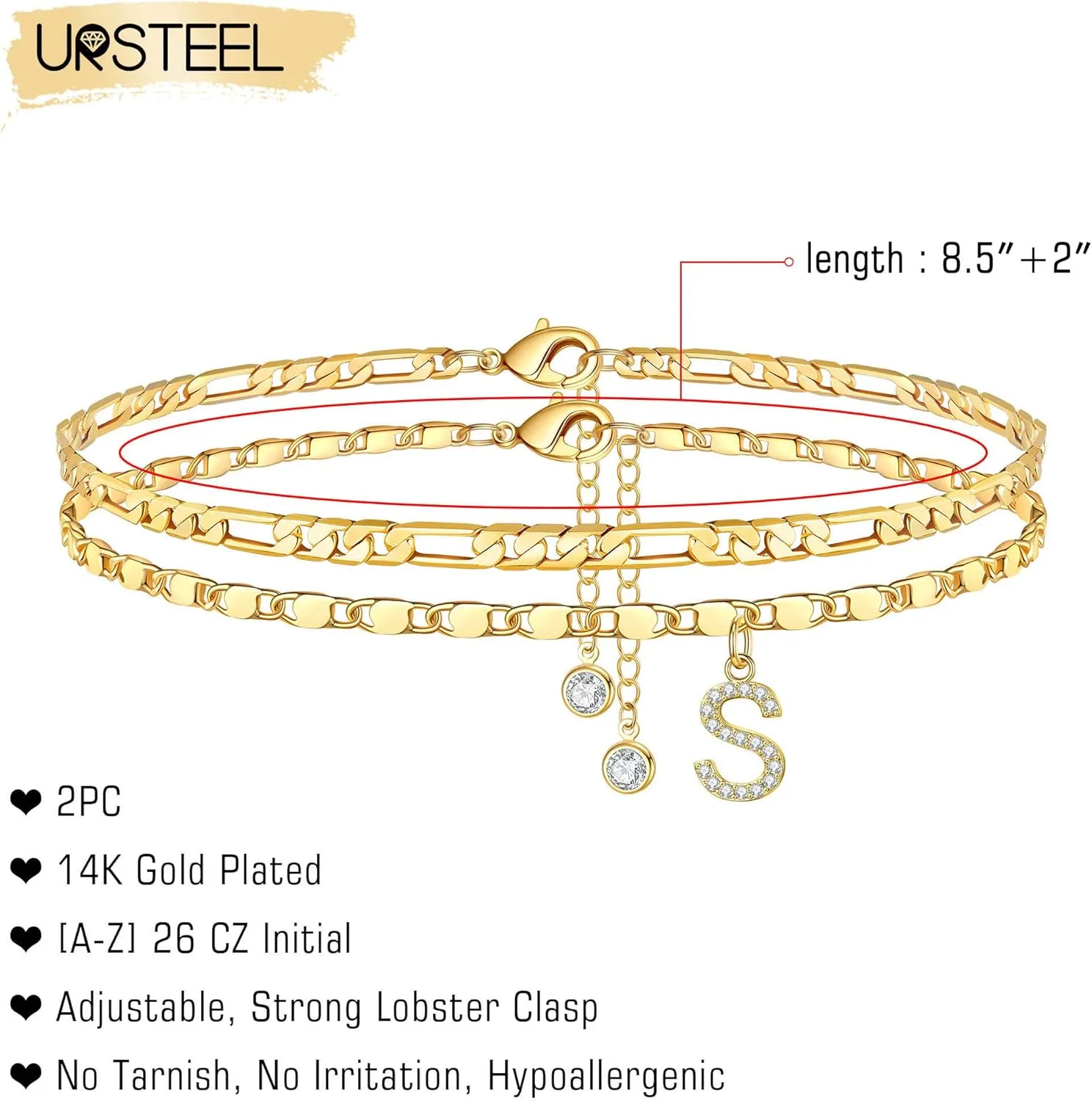 Ursteel Ankle Bracelets for Women, 14K Gold Plated Dainty Layered Chain CZ Initial Anklets Set Summer Jewelry Gifts for Women