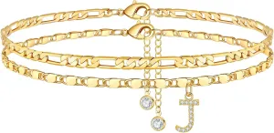 Ursteel Ankle Bracelets for Women, 14K Gold Plated Dainty Layered Chain CZ Initial Anklets Set Summer Jewelry Gifts for Women