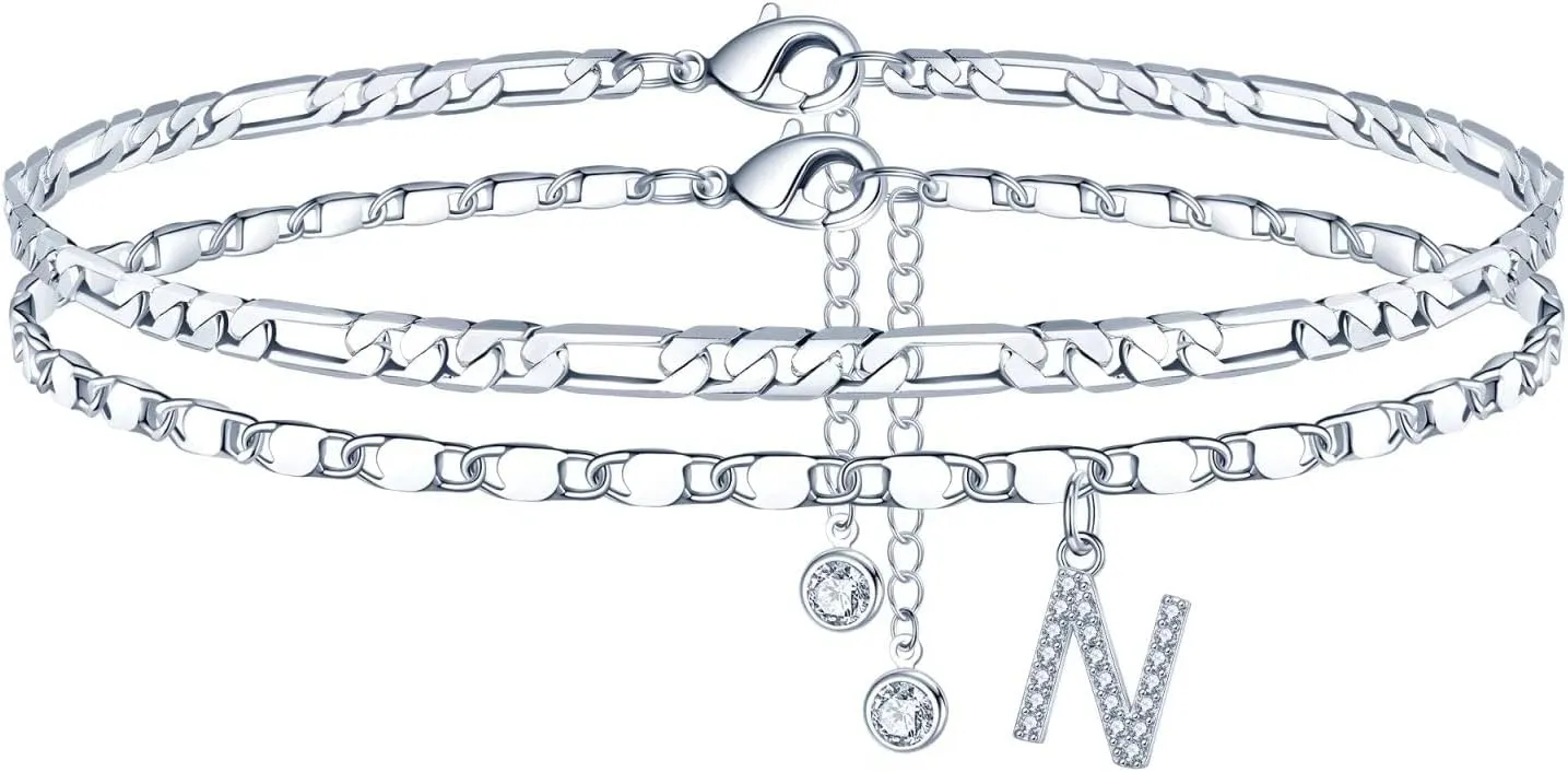 Ursteel Ankle Bracelets for Women, 14K Gold Plated Dainty Layered Chain CZ Initial Anklets Set Summer Jewelry Gifts for Women