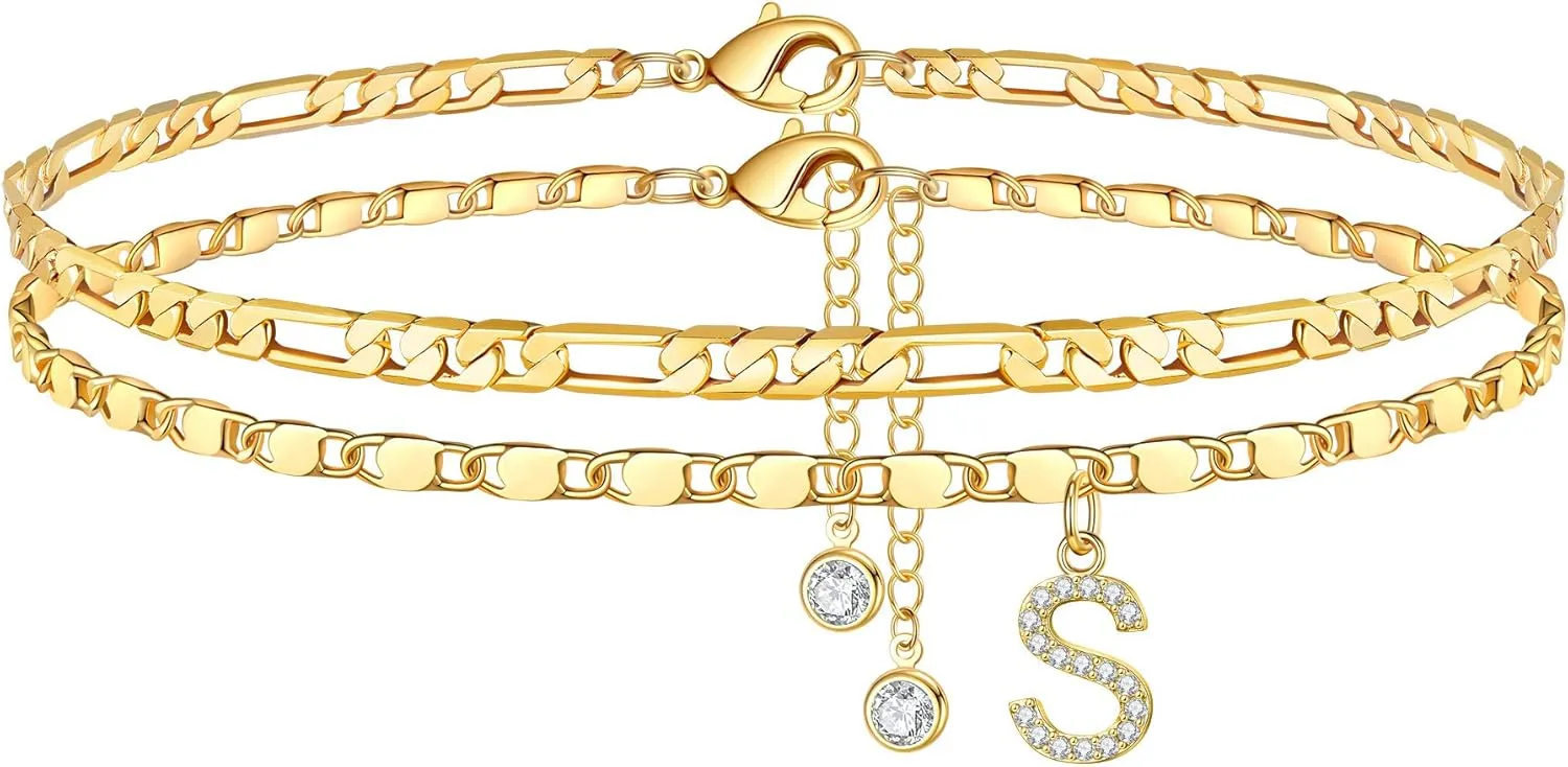 Ursteel Ankle Bracelets for Women, 14K Gold Plated Dainty Layered Chain CZ Initial Anklets Set Summer Jewelry Gifts for Women