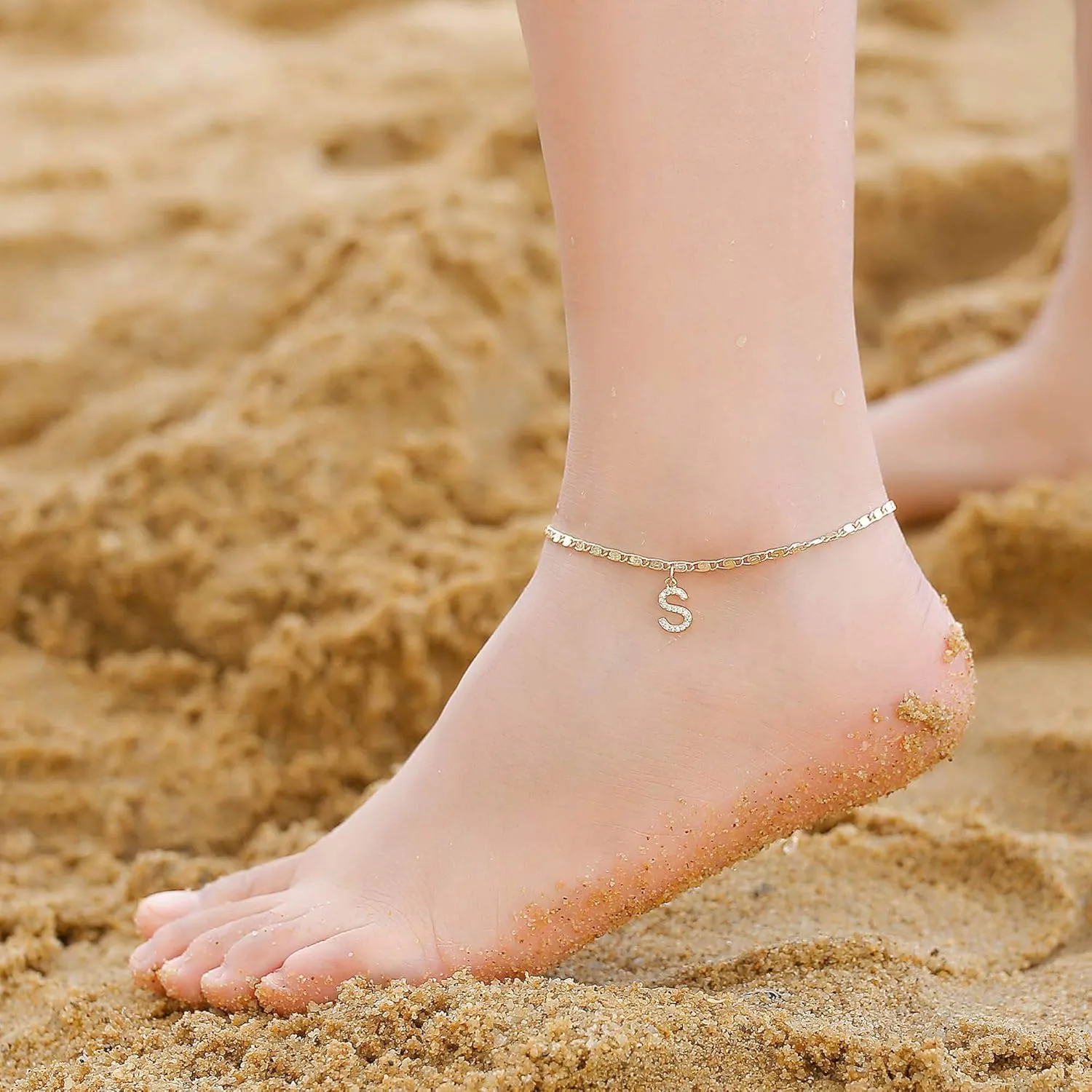Ursteel Ankle Bracelets for Women, 14K Gold Plated Dainty Layered Chain CZ Initial Anklets Set Summer Jewelry Gifts for Women