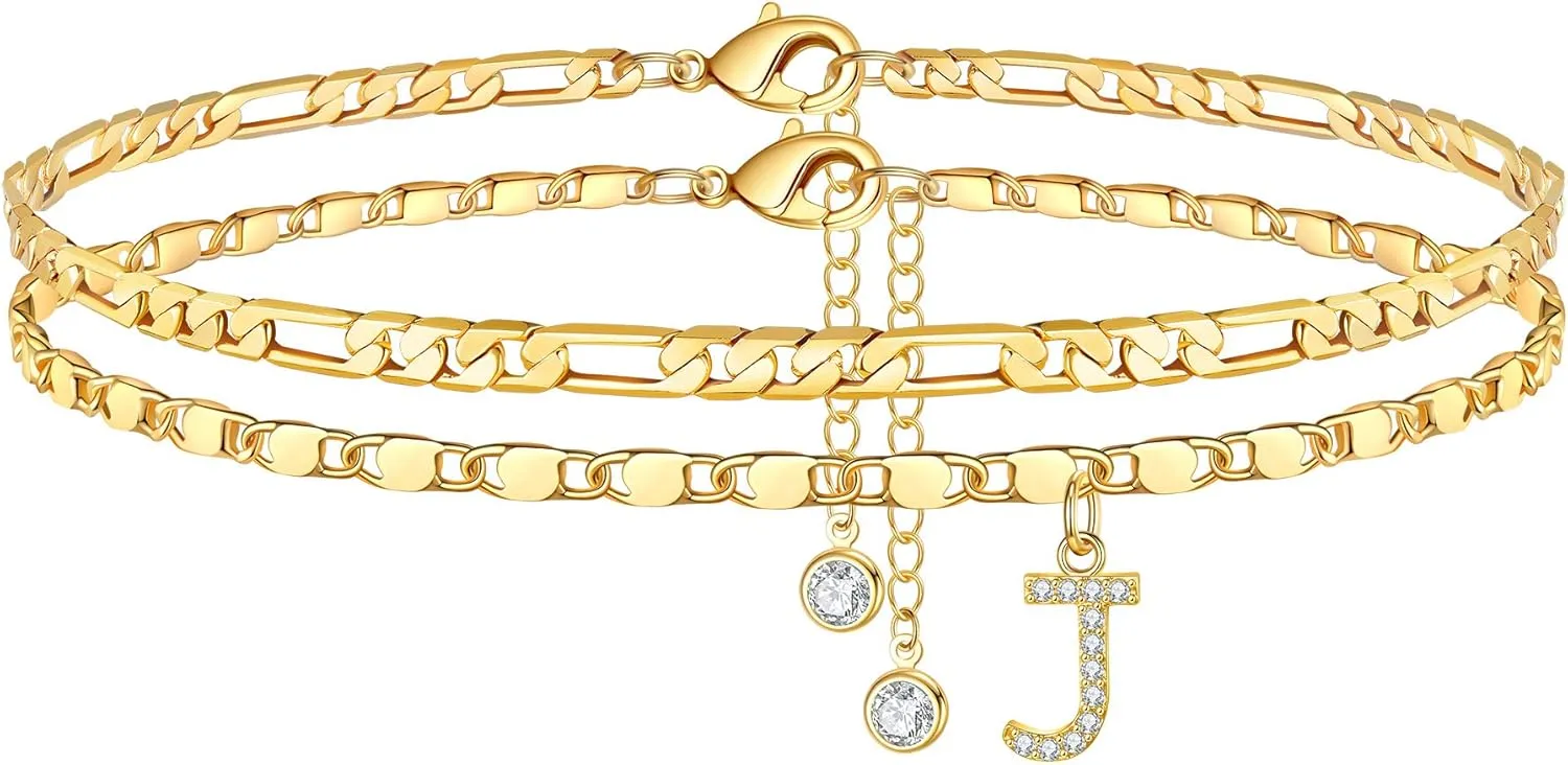 Ursteel Ankle Bracelets for Women, 14K Gold Plated Dainty Layered Chain CZ Initial Anklets Set Summer Jewelry Gifts for Women