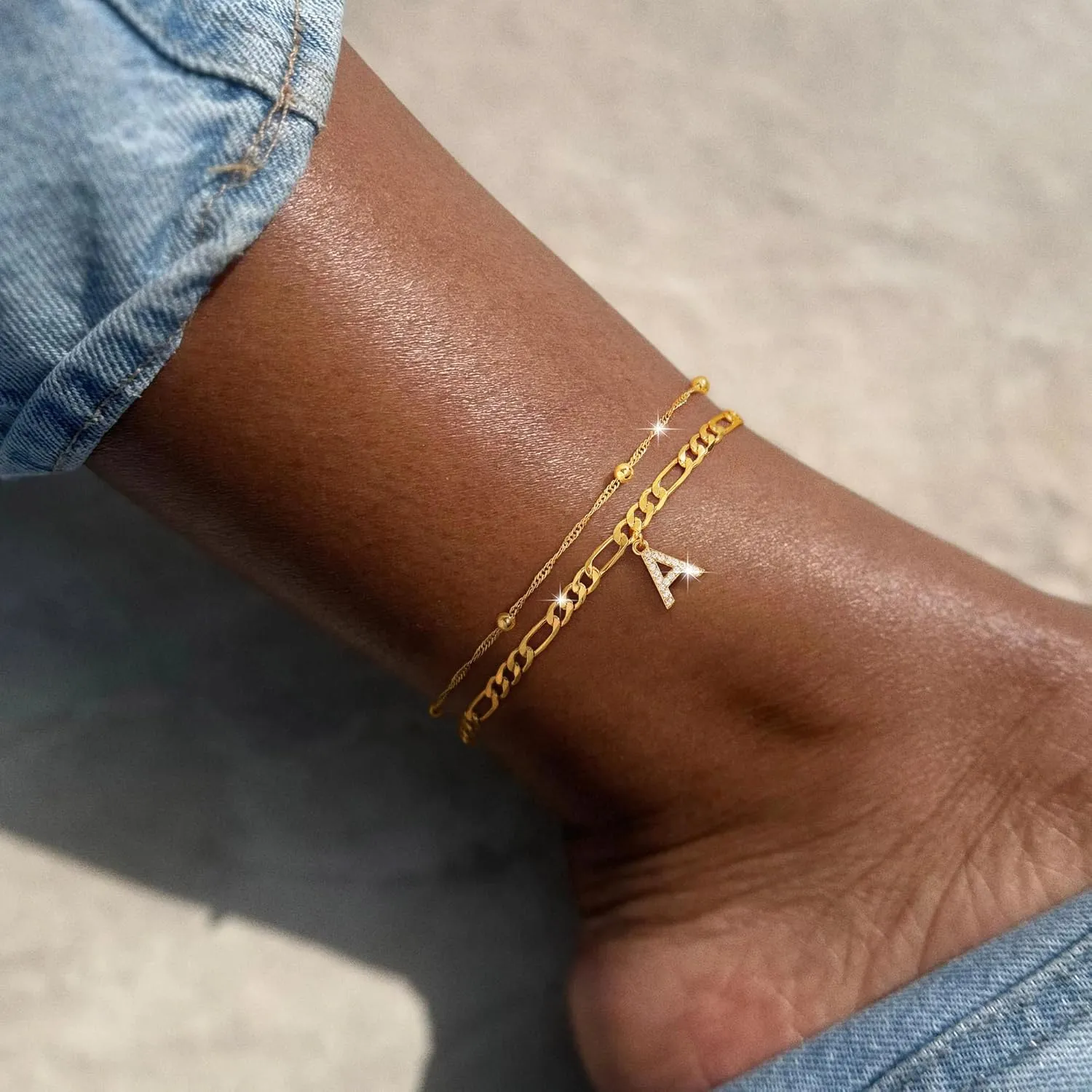 Ursteel Ankle Bracelets for Women, 14K Gold Plated Dainty Layered Chain CZ Initial Anklets Summer Jewelry Gifts for Women